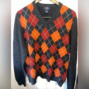 Brooks Brothers 346 Mens Sz M Argyle Sweater in Charcoal w Red, Orange & White